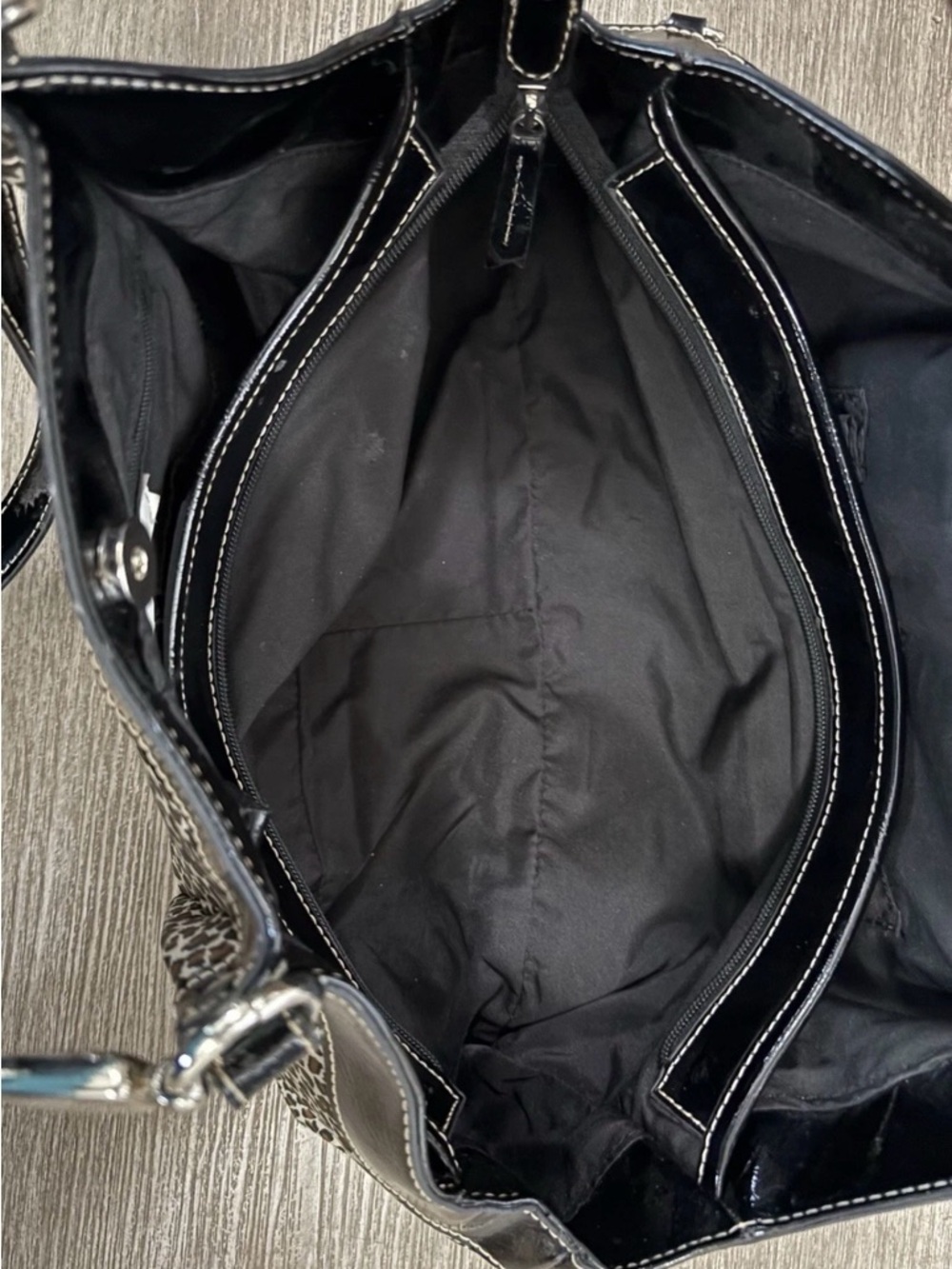 Leopard Print Patent Trim Satchel - Black & Brown - Picture 3 of 7